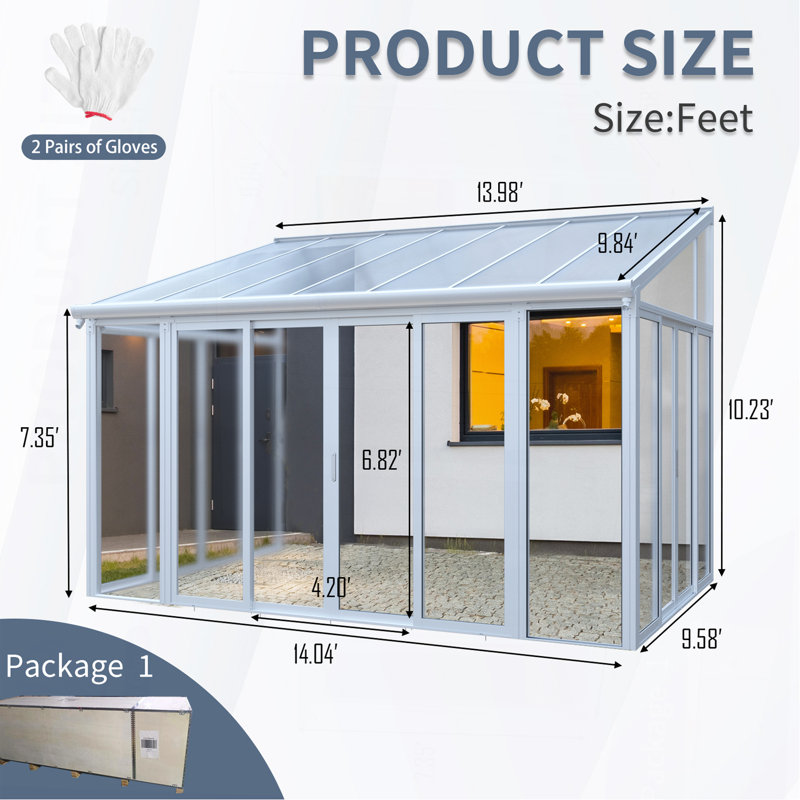 Housse de patio fermée de 10 pi x 14 pi avec 3 portes coulissantes verrouillables, véranda toutes saisons avec cadre en alliage d'aluminium, toit en polycarbonate et système de panneau de panneau d'endurance en PC solide et transparent pour terrasse de jardin