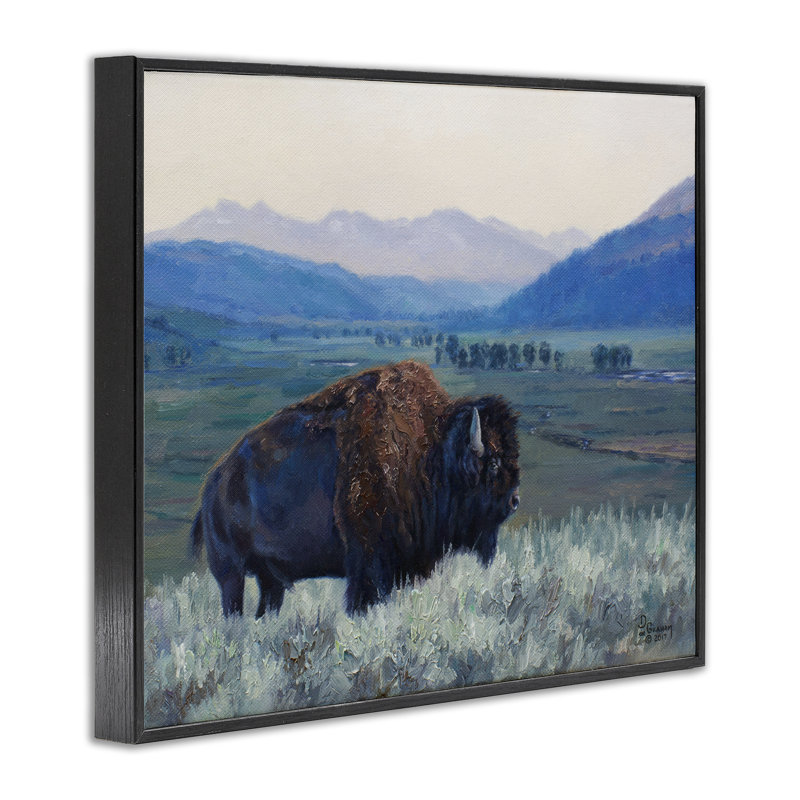 Bison & Country Mountains, estampe numérique par © David Graham, Giclée encadrée noir minuit, H 24 po x l 30 po