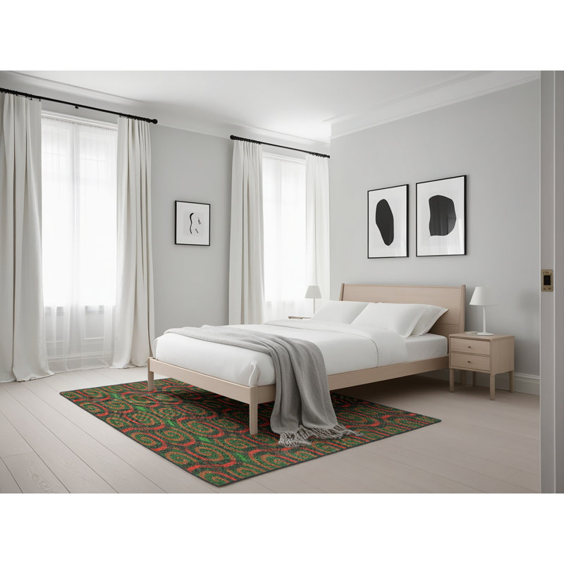 Tapis décoratif vert géométrique, Rectangle 5 pi x 7 pi