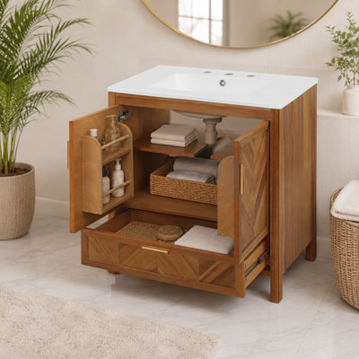 Meuble-lavabo damarquis avec placage en bois d'acacia à chevrons et lavabo en céramique
