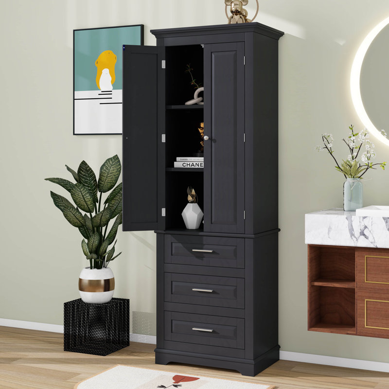 Tall Storage Cabinet With 3 Drawers, 3-Tier Adjustable Shelves & 2 Doors, Floor Freestanding Linen Cabinet For Bathroom/Office
