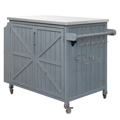 42.1" Outdoor Kitchen Island with Side Shelf, Outdoor Grill Cart with Storage Cabinet, Outdoor Kitchen Cabinet with Stainless Steel Top,  Adjustable Shelf and 4  Wheels for Pizza Prep