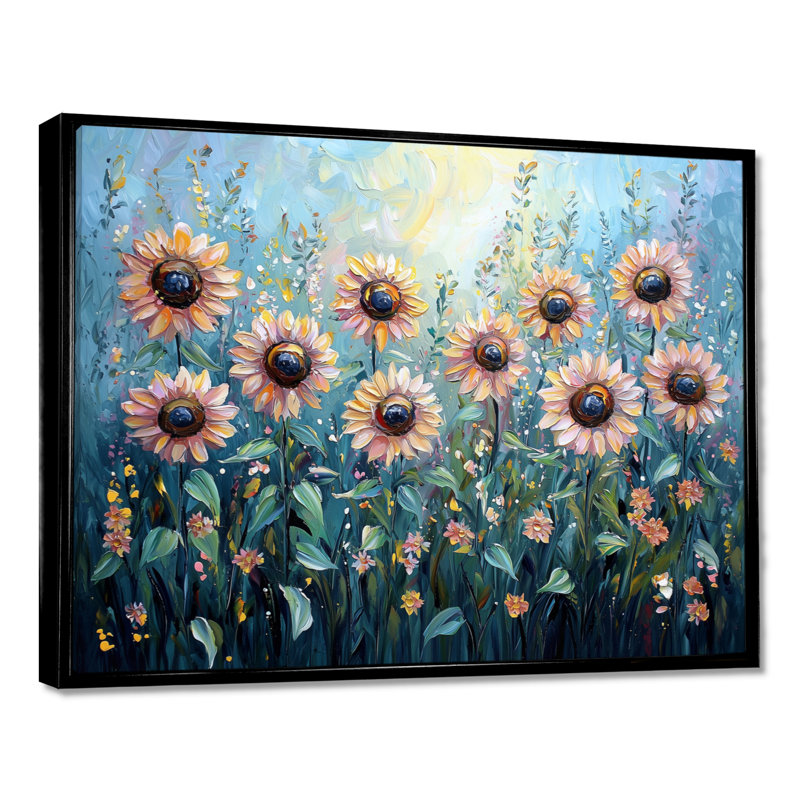 Dotha Spring Symphony of Blue Sunflowers I - Art mural de tournesols pour le salon, H 34 po x l 44 po, Noir, noir, noir, noir