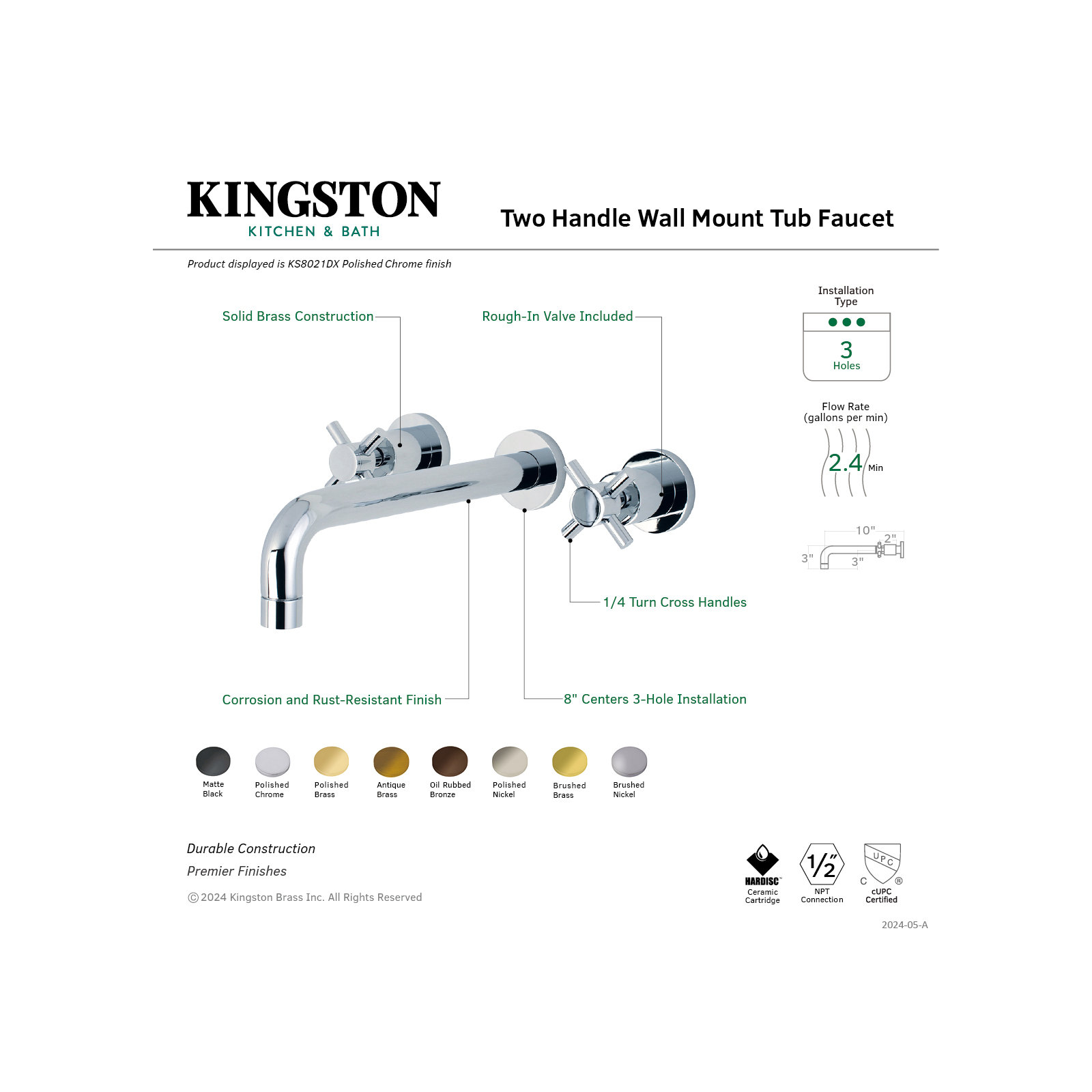 Kingston Brass Concord Two-Handle 3-Hole Wall Mount Roman Tub Faucet, Matte Black, Cross Handle