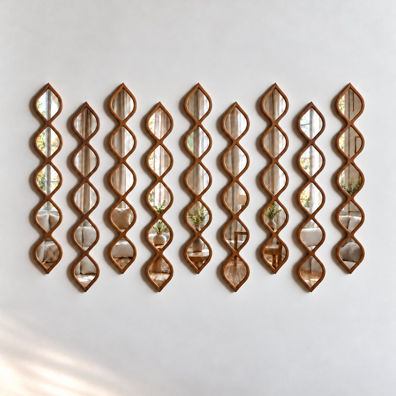 Ensemble de 9 miroirs muraux en acrylique encadrés de bois, motif de feuilles - Vernis en noyer, Walnut Varnish, 9 Pieces