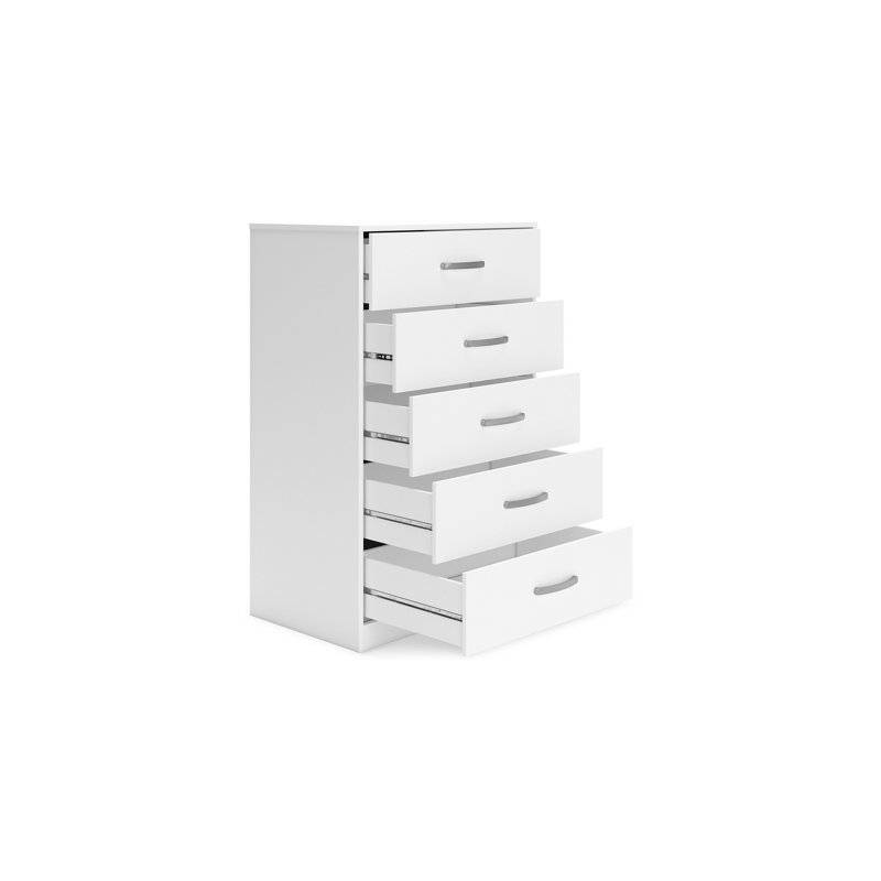 Commode haute Eriss, 5 tiroirs, bois blanc, métal argenté, 46 po