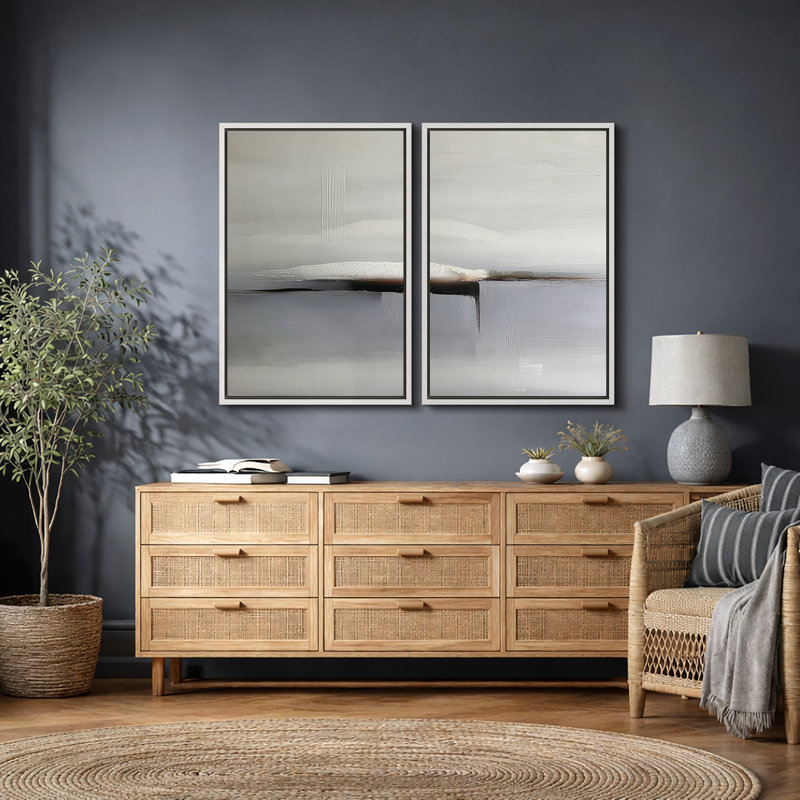 «Minimal Neutral Horizon», impression abstraite sur toile encadrée, impression sur toile, Cadre flottant blanc