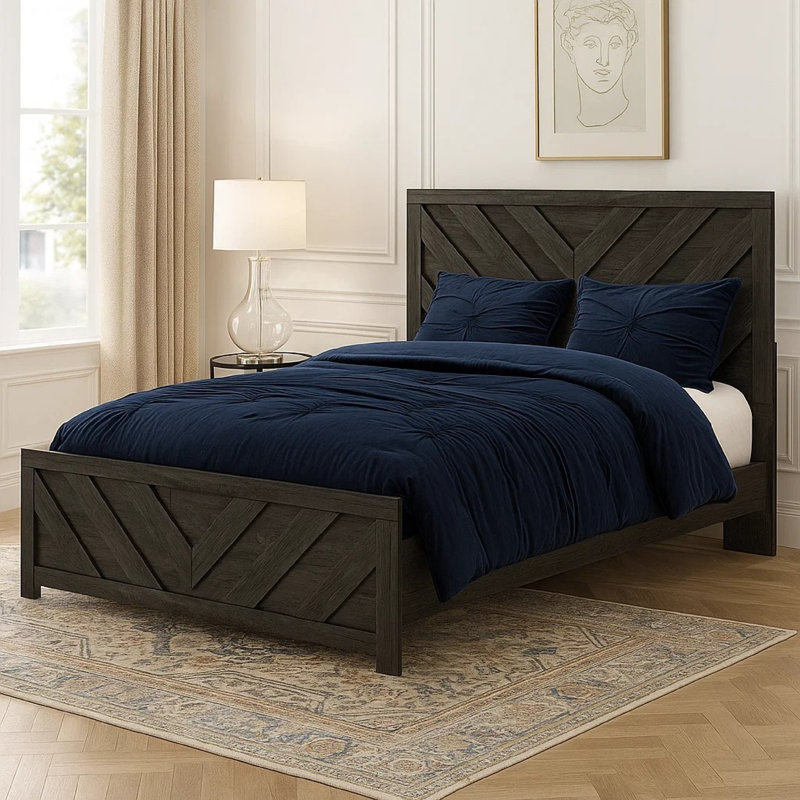 Peny Queen Size Bed, Chevron Pattern, Panel Headboard, Charcoal Black, Queen