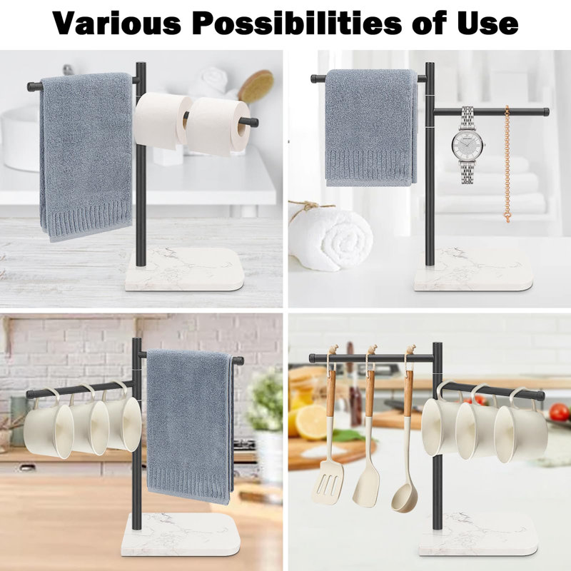 Porte-serviette debout, support à serviette avec base en marbre, porte-serviettes en acier inoxydable 304 avec 2 bras pivotants