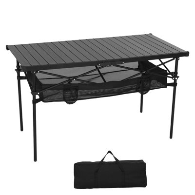 Folding Aluminum Outdoor Table with Roll-Up Top, Mesh Storage Basket, Cup Holders & Portable Carrying Bag