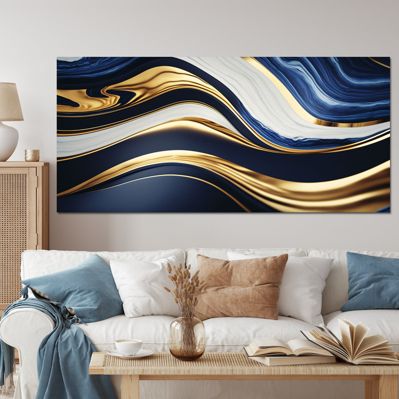 Géode abstraite des vagues bleues et dorées - impressions sur toile abstraites, Toile tendue, H 28 po x l 60 po x P 1,5 po