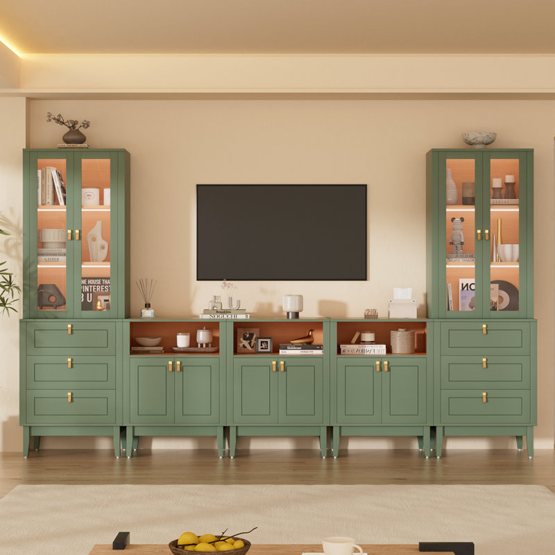 Meuble audio-vidéo avec armoires de présentation et éclairage à DEL intégré, portes en verre à fermeture en douceur, vert