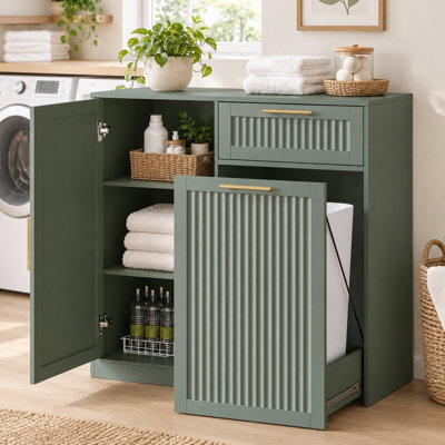 Armoire à déchets rétractable 13 gallons avec devant cannelé - Support en bois résistant aux animaux de compagnie avec tablette et tiroir réglables