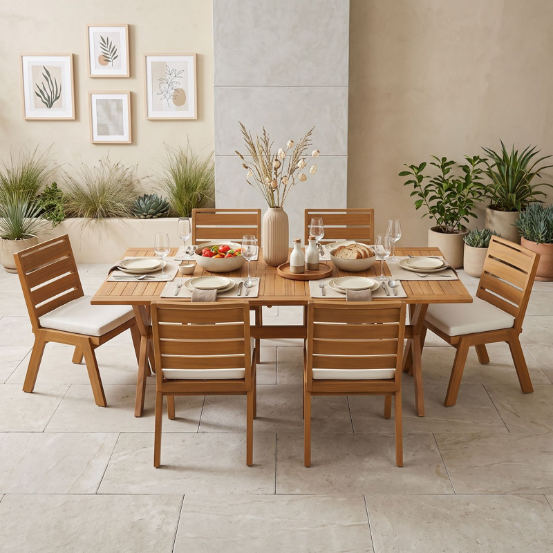 Ensemble de salle à manger d'extérieur 7 pièces en bois d'acacia avec table extensible et 6 chaises rembourrées