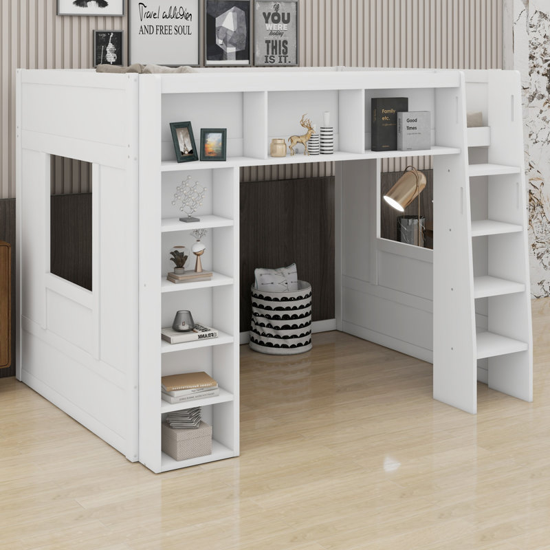 Space-Saving Wooden Loft Bed With Built-In Shelves, White