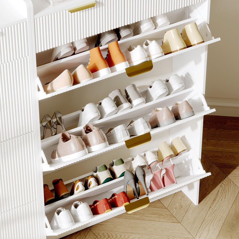 Modern Shoe Cabinet With 3 Flip Drawers & 2 Small Drawers & Hook, White