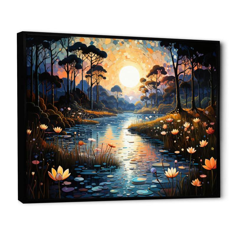 «Blue Green Pointillism River at Night IV», reproduction sur toile, H 24 po x l 32 po x P 1 po, Cadre flottant noir