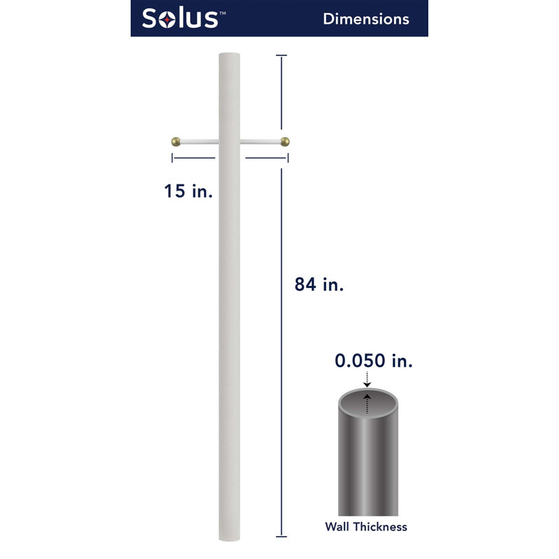 Solus 7, 8, or 10 ft. Direct Burial Hardwired Lamp Post with Decorative Cross Arm, White, 84" H x 3" W x 3" D