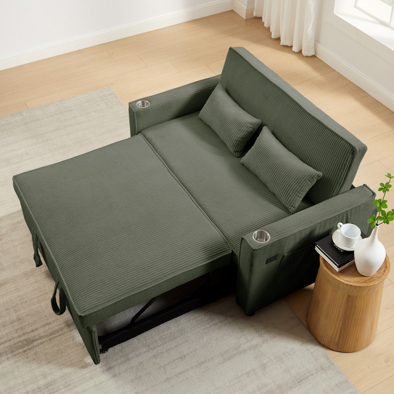 3 in 1 Pull-out Sofa Bed With Adjustable Backrest, Convertible Sleeper Sofa Bed with Storage , Cup Holders, USB/Type-C Ports