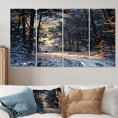 Chemin enneigé à travers la forêt d'hiver - ensemble d'art mural forêt 4 pièces