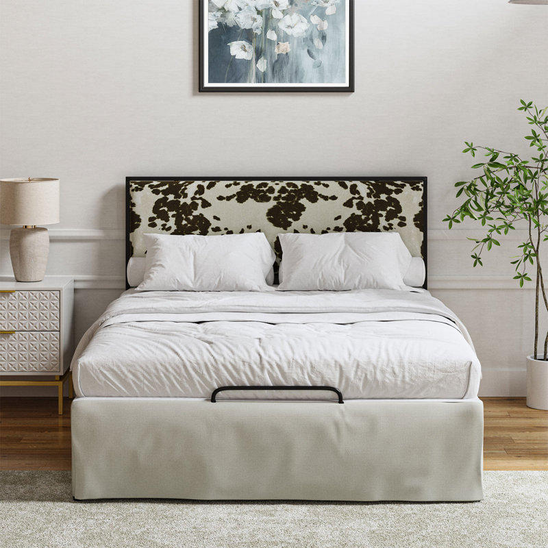 Neilius Upholstered Platform Bed with Washable Slipcover, Twin, Pattern Cowhide