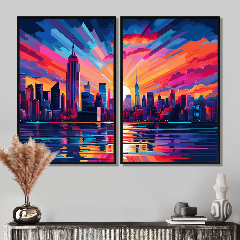 New York City - ensemble de 2 reproductions d'art multicolores sur toile, Black, 36" H x 48" W, Impression encadrée flottante