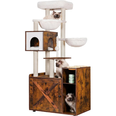 Arbre à chat avec bac à litière, tour à chat moderne pour chats d'intérieur avec grande plateforme, station de nourriture pour condo et 2 hamacs, mobilier pour chat tout-en-un, bois brun rustique