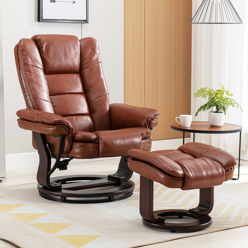 32" Contemporary Leather Recliner and Ottoman with Swiveling Mahogany Wood Base, Brown