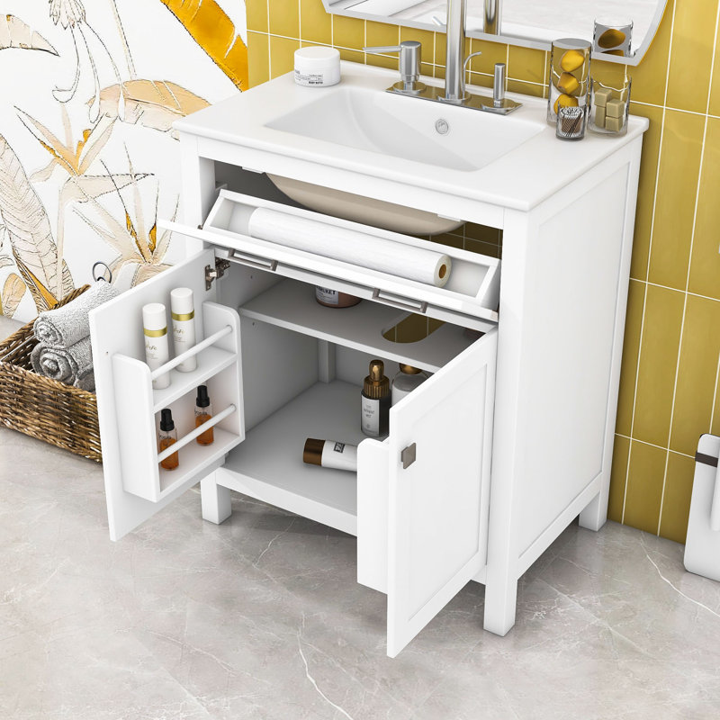 Meuble-lavabo simple autoportant en bois avec lavabo en céramique et rangement polyvalent Mathena, Blanc
