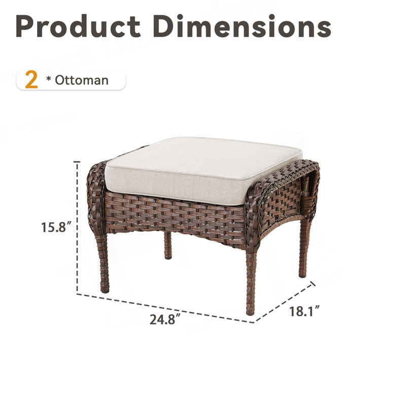 Outdoor PE Wicker Ottomans Set of 2, Patio Brown Rattan Footrests with Cushion for Backyard or Deck, Beige, Beige