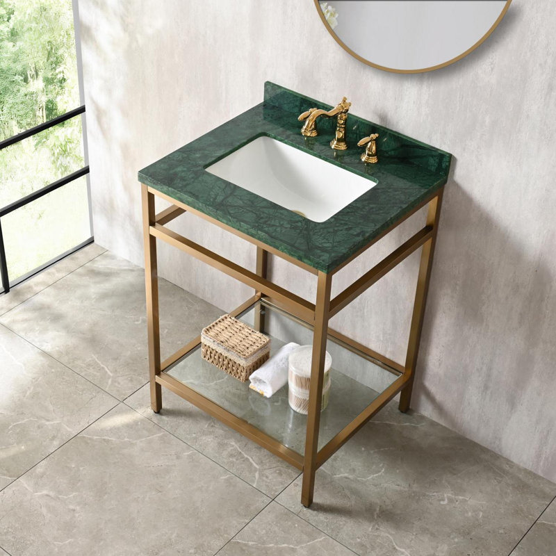 Meuble-lavabo de salle de bain en marbre vert 24 po avec lavabo, structure en acier inoxydable doré et tablette de rangement en verre