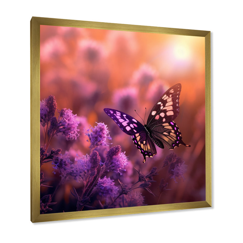 Papillon rose, coucher de soleil magique I, H 24 po x l 24 po x P 1 po, Cadre doré à une seule photo