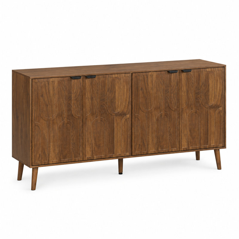 Buffet à quatre portes, étagères ajustables, couleur noyer, poignées en métal, style moderne du milieu du siècle
