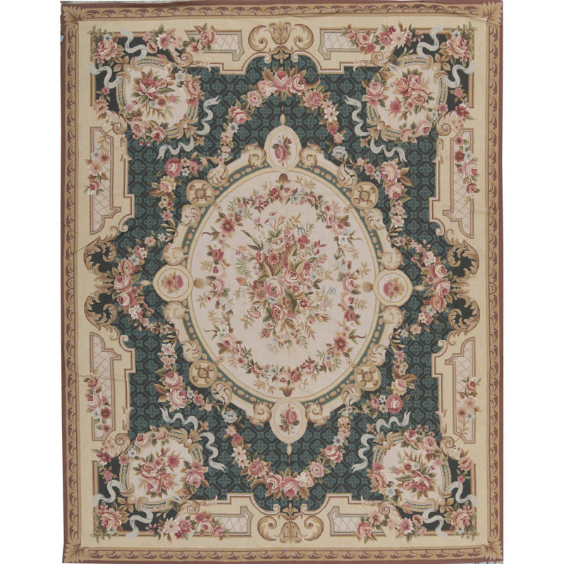 Tapis vert et doré de haute qualité noué à la main