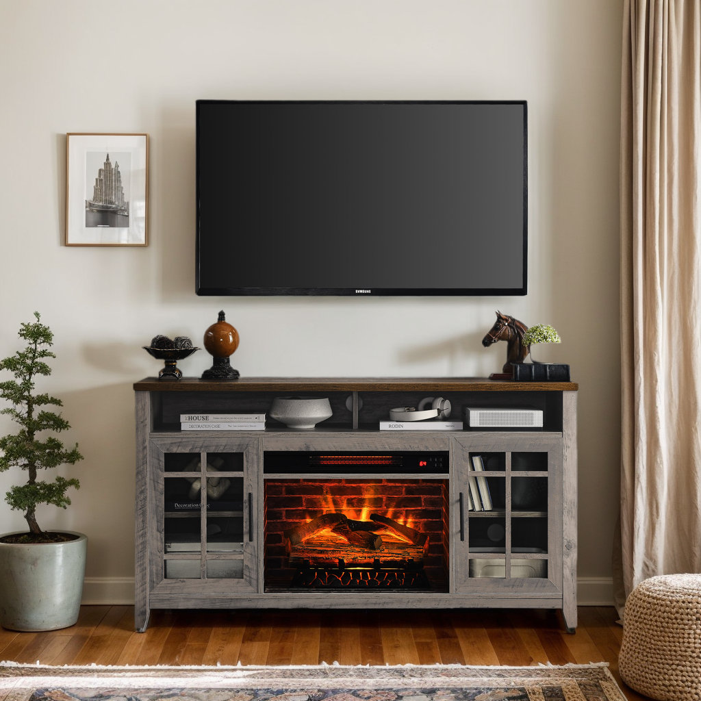 August Grove 55'' W Storage Credenza with Electric Fireplace Included ...