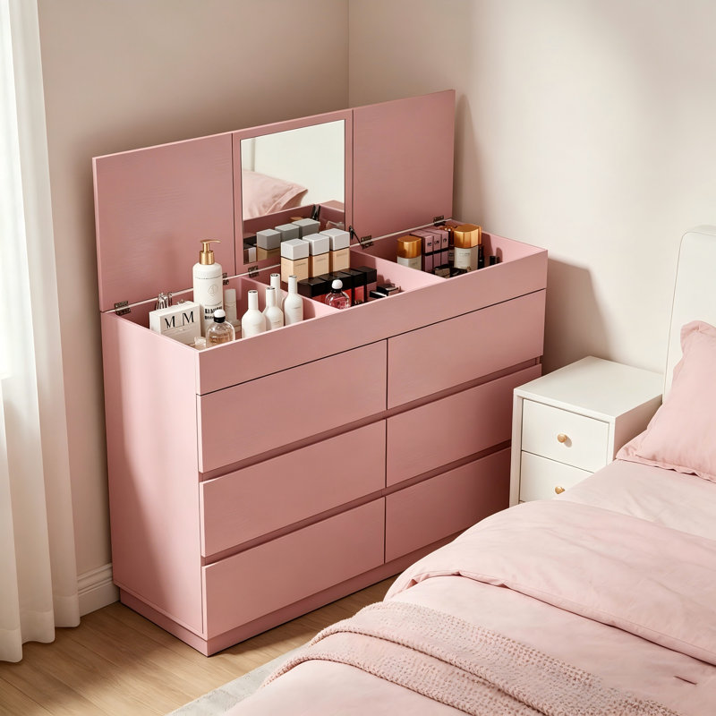Commode rose à 6 tiroirs avec miroir rabattable, commode en panneau de particules de mélamine 12 mm de qualité P2, armoire de rangement de maquillage pour chambre à coucher 47,24 po x 15,75 po x 33,66 po