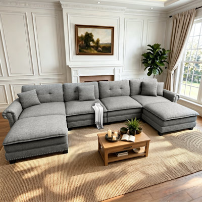 Canapé modulaire de 150 po avec 2 repose-pieds, siège surdimensionné en U profond d'aspect lin avec garniture cloutée