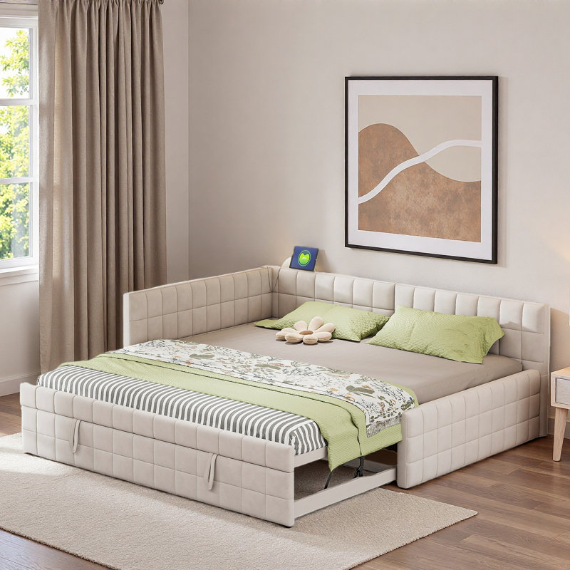 Upholstered L-shaped Daybed With Pop Up Trundle, Usb Ports And Square-block Pattern, Beige