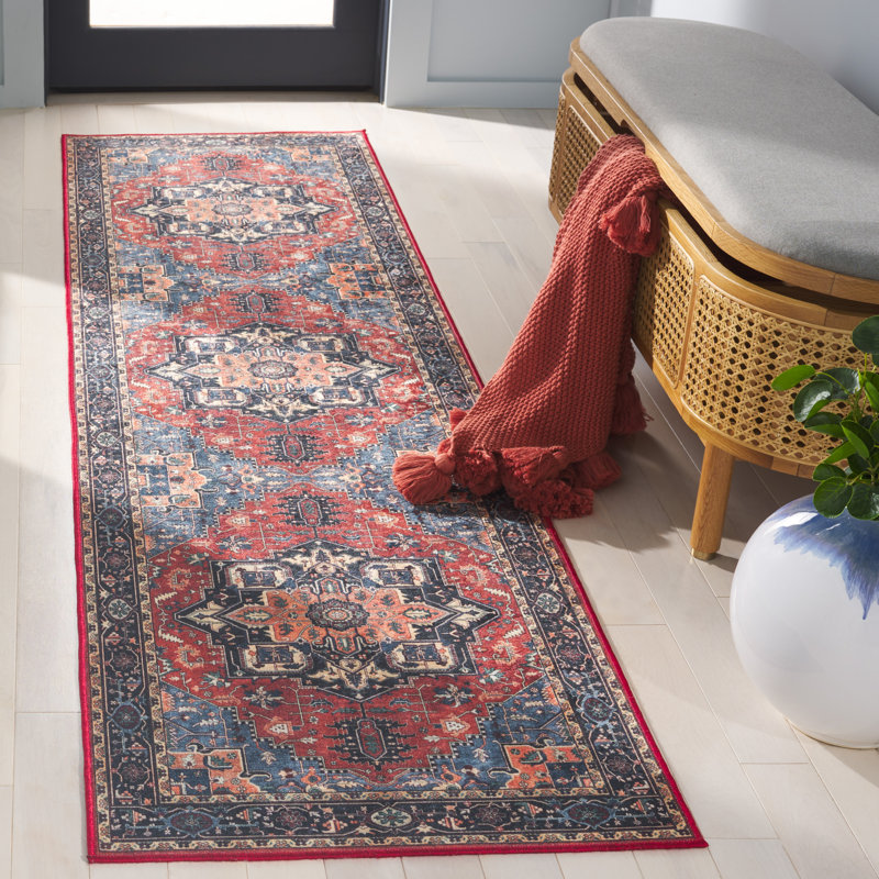 Willamae Orlando Felt/Velvet/Laminated Film Machine Washable Southwestern Rug in Rust/Blue, Runner 2'2" x 8'