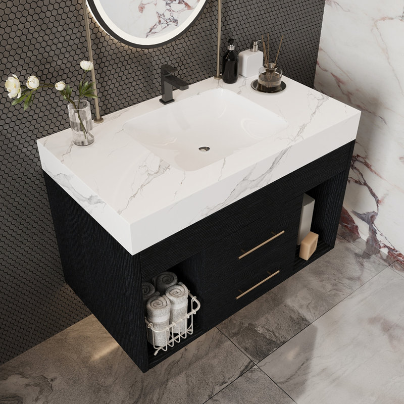 Ensemble de meuble-lavabo mural flottant 29,9 po, Black,White