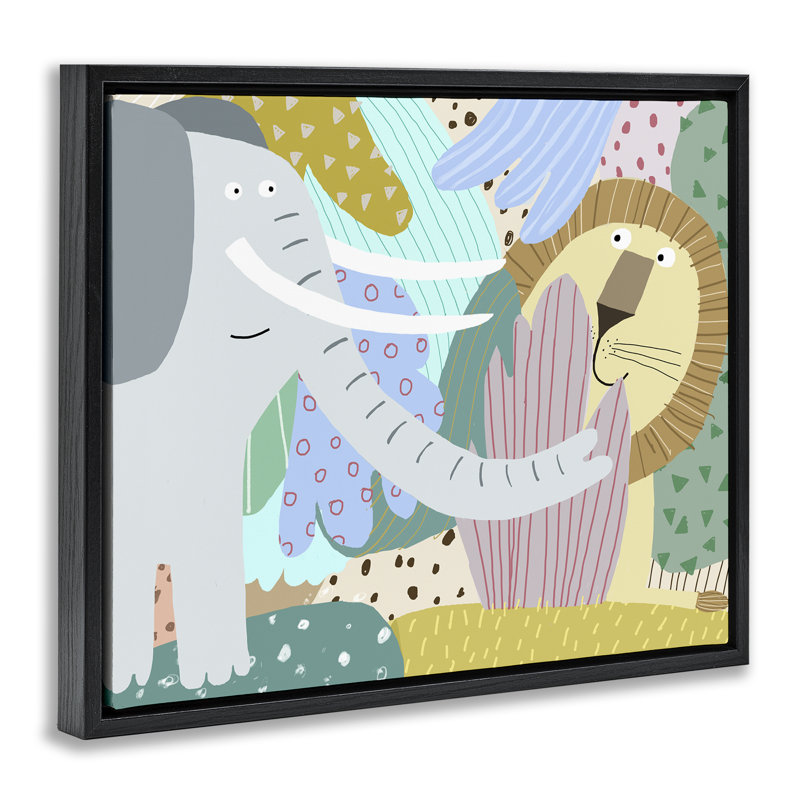 «Whimsical Elephant & Lion Friends», art mural encadré sur toile flottante, design par Carla Daly, H 25 po x l 31 po