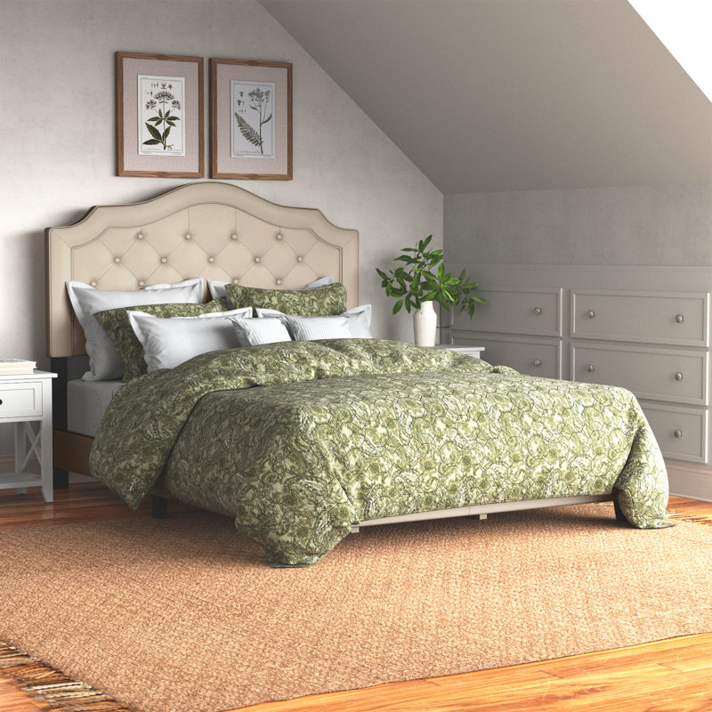 Alayah Tufted Upholstered Low Profile Standard Bed, Beige Linen, Queen