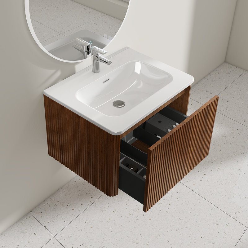 Meuble-lavabo simple 24 po avec lavabo en céramique, Noyer