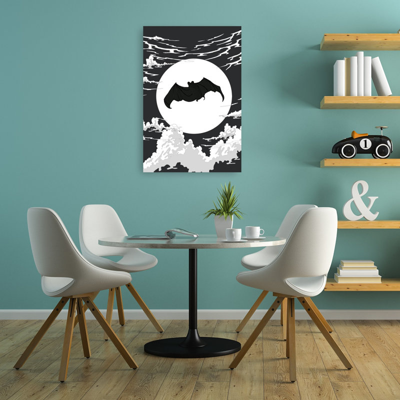 Flying Bat Full Moon Gothic Abstract Contemporary Bat Wildlife Landscape Wall Art Print by Nicholas - Print