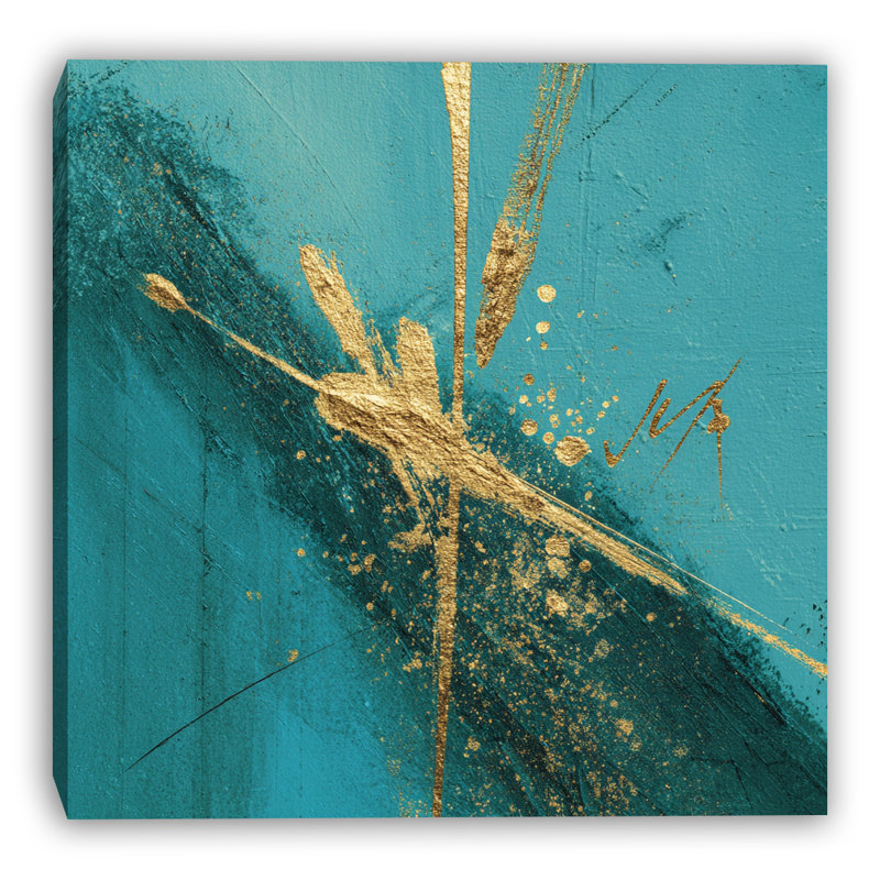 Bleu sarcelle et or, horizon abstrait texturé, impression sur toile tendue, H 30 po x l 30 po x P 1,5 po