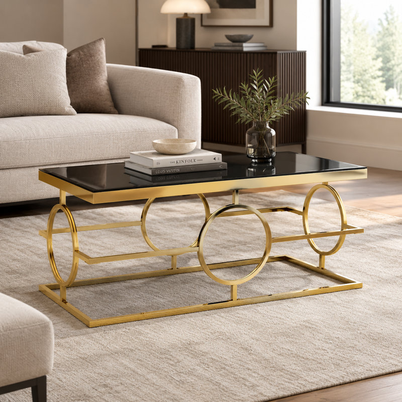 Table basse rectangulaire glamour dorée et en verre avec structure en métal pour salon