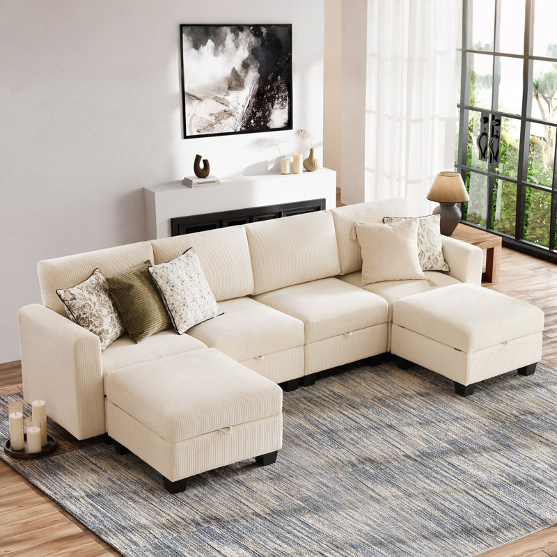 Canapé modulaire rembourré 6 pièces Ilyes, Chenille blanche