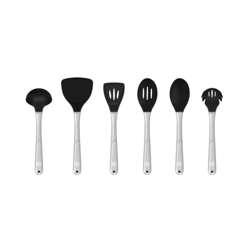 GF832252 Good Food in partnership with Tower 6 Piece Silicone Utensil Set, Spaghetti Server, Solid Spoon, Slotted Spoon, Slotted Turner, Ladle, Solid Turner, Hanging Loops, Stainless Steel Handles, Black