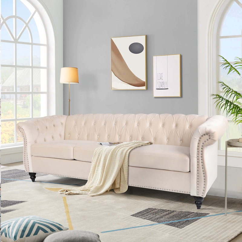 Jemotte 83.85'' Upholstered Velvet Sofa, Beige Velvet