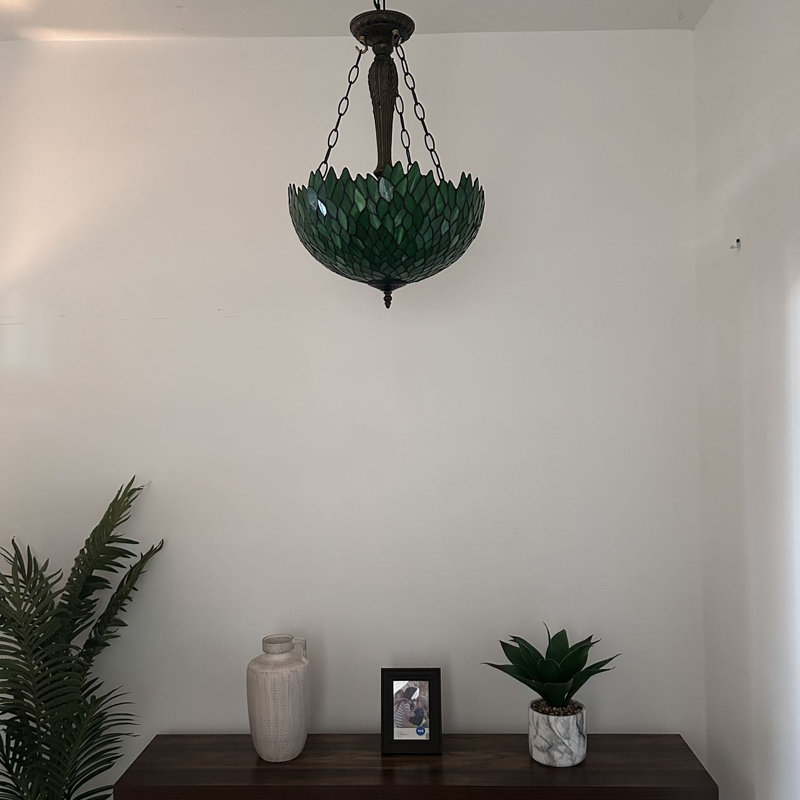 Spiro Tiffany Pendant Lights Green Leaves Stained Glass LED Bulbs Included 16"W*16'D*60"H